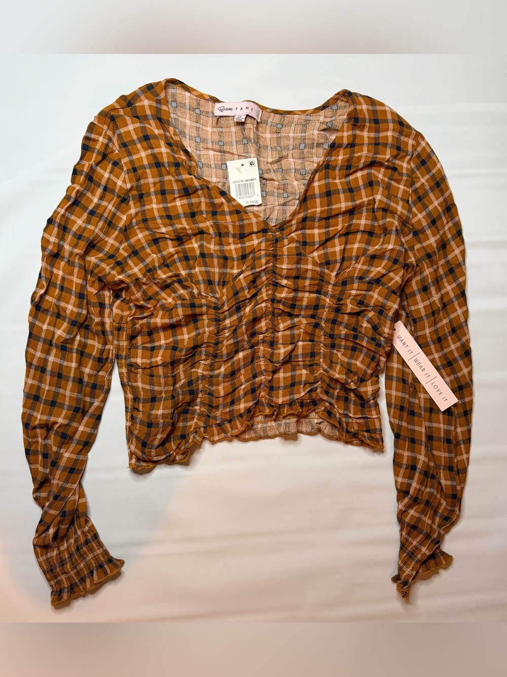 Crave Fame Orange Plaid Ruched Long-Sleeve Top Juniors Size XL